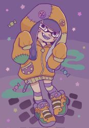 Rule 34 | 1girl, anna gomesi, candy, commentary request, facial mark, food, full body, highres, inkling, inkling girl, inkling player character, long hair, looking at viewer, multicolored footwear, nintendo, open mouth, purple background, purple hair, shoes, sleeves past fingers, sleeves past wrists, smile, socks, solo, splatoon (series), standing, star (symbol), star facial mark, striped clothes, striped socks, teeth, tentacle hair