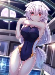 Rule 34 | 1girl, blue one-piece swimsuit, breasts, commentary request, competition swimsuit, cowboy shot, full moon, hair flaps, highres, indoors, large breasts, long hair, looking at viewer, moon, murasame shia, one-piece swimsuit, original, pool, red eyes, silver hair, solo, standing, stretching, swimsuit
