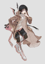 Rule 34 | 1boy, alternate costume, black hair, black headwear, black shorts, blue eyes, boots, box, brown coat, candy, chocolate, chocolate heart, coat, detached wings, food, full body, genshin impact, gift, gift box, grey background, heart, highres, hood, hood down, hooded coat, knee boots, long sleeves, looking at viewer, male focus, open clothes, open coat, scaramouche (genshin impact), shorts, simple background, solo, sweater, turtleneck, turtleneck sweater, white footwear, white sweater, wings, yuitonoel