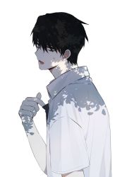 1boy adjusting_clothes adjusting_necktie black_hair character_request collared_shirt copyright_request doomie1 from_side grey_background hand_up looking_at_viewer looking_to_the_side male_focus necktie open_mouth shirt short_hair simple_background solo upper_body white_background