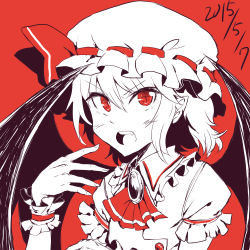 Rule 34 | 1girl, bat wings, bow, brooch, female focus, hat, hat bow, highres, jewelry, mob cap, monochrome, open mouth, puffy sleeves, red background, red eyes, remilia scarlet, short hair, simple background, solo, spot color, the maa, touhou, upper body, wings, wrist cuffs