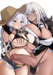 1futa 1girl absurdres animal_print azur_lane belt big_belly bikini black_bikini black_panties blush breasts brown_hat censored cleavage coat commission cow_print cowboy_hat dark-skinned_female dark_skin erection erotanuki facial_scar fargo_(azur_lane) fargo_(dairy_in_the_dreary_sun)_(azur_lane) foreskin full-package_futanari fur-trimmed_coat fur_trim futa_with_female futanari g-string grabbing_another&#039;s_breast grabbing_from_behind green_eyes grey_eyes grey_hair groping hand_on_another&#039;s_stomach hat highleg highleg_bikini highleg_panties highres huge_breasts huge_penis indiana_(azur_lane) large_breasts long_hair micro_shorts outie_navel panties penis pixiv_commission precum precum_string pregnant scar scar_on_cheek scar_on_face shorts smile string_panties swimsuit testicles thong torn_clothes torn_shorts underwear white_background white_hair