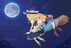 Rule 34 | 2girls, :o, alice margatroid, apron, black dress, blonde hair, blue dress, blush, boots, bow, broom, broom riding, capelet, cross-laced footwear, dress, dutch angle, fairy wings, female focus, flying, frilled dress, frills, full moon, green eyes, hair bow, hat, hat bow, kirisame marisa, loose socks, mary janes, moon, multiple girls, multiple riders, night, nose blush, outdoors, puffy sleeves, red dress, ringo apple, ringo appuru, sash, shanghai doll, shirt, shoes, sidesaddle, sky, smile, socks, star (sky), touhou, tree, white legwear, wings, witch hat
