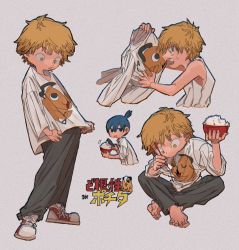 Rule 34 | 1other, 2boys, arm up, baggy clothes, barefoot, blonde hair, blue hair, bowl, chainsaw, chainsaw man, character print, chopsticks, closed eyes, denji (chainsaw man), fangs, feeding, hayakawa aki, highres, holding, holding chopsticks, holding clothes, holding shirt, indian style, looking at another, medium hair, multiple boys, open mouth, pochita (chainsaw man), rice, rice bowl, shirt, short hair, simple background, sitting, surprised, sword, tank top, tasuketemama, topknot, wakizashi, weapon, white background, white shirt, white tank top, yellow eyes