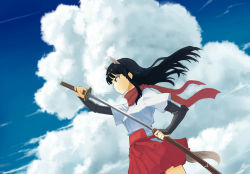 Rule 34 | 1girl, anabuki tomoko, animal ears, black hair, brown eyes, cloud, day, drawing sword, holding sword, katana, nontraditional miko, scarf, sheath, shiratama (hockey), sky, solo, strike witches, strike witches: suomus misfits squadron, sword, tail, unsheathing, weapon, world witches series
