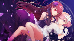 Rule 34 | 2girls, adjusting hair, alternate costume, bare legs, bare shoulders, black gloves, blush, breast press, breasts, couple, crown, dress, embarrassed, fate/grand order, fate (series), female focus, flower, formal, girl on top, gloves, hair between eyes, hair flower, hair ornament, hair over one eye, hand up, high heels, hug, large breasts, legs, lily (flower), long hair, looking at viewer, mash kyrielight, mash kyrielight (formal dress), medium breasts, multiple girls, neck, official alternate costume, parted lips, petals, pink hair, purple dress, purple eyes, purple flower, purple high heels, purple legwear, purple rose, ranyu, red eyes, red hair, rose, scathach (fate), scathach (formal dress) (fate), short dress, short hair, shy, thighhighs, tiara, type-moon, white dress, white flower, white gloves, yuri