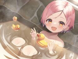 1girl asa_no_ha_(awayuki) bathing blush completely_nude flat_chest highres looking_at_viewer maitetsu nude onsen open_mouth orange_eyes partially_submerged pink_hair reina_(maitetsu) rubber_duck short_hair sitting smile solo steam water