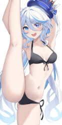 Rule 34 | 1girl, :d, ahoge, armpits, arms up, bare arms, bare legs, bare shoulders, bikini, black bikini, blue eyes, blue hair, blue hat, blush, commentary request, front-tie bikini top, front-tie top, furina (genshin impact), genshin impact, hair between eyes, hat, highres, leg up, long hair, looking at viewer, multicolored hair, navel, nyuu (pixiv12143565), open mouth, side-tie bikini bottom, smile, solo, split, standing, standing on one leg, standing split, stomach, streaked hair, swimsuit, top hat, very long hair, white hair