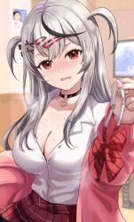 Rule 34 | 1girl, absurdres, black choker, black hair, blush, breasts, choker, cleavage, grey hair, hair ornament, highres, hololive, jacket, kudoukudokudo, large breasts, long hair, looking at viewer, multicolored hair, o-ring, o-ring choker, off shoulder, open mouth, pink jacket, plaid, plaid skirt, pleated skirt, red eyes, red skirt, sakamata chloe, school uniform, shirt, skirt, solo, streaked hair, two side up, virtual youtuber, white shirt, x hair ornament