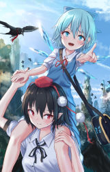 Rule 34 | 2girls, :d, arm up, bag, black hair, black ribbon, blue bow, blue eyes, blue hair, blue skirt, blue sky, blue vest, blush, bow, breasts, carrying, cirno, cloud, commentary request, crown, day, feet out of frame, hair between eyes, hair bow, hand up, hat, highres, holding hands, ice, ice wings, looking at viewer, medium breasts, multiple girls, neck ribbon, open mouth, outdoors, piggyback, pointing, pointing at viewer, pointy ears, pom pom (clothes), puffy short sleeves, puffy sleeves, red eyes, red ribbon, ribbon, roke (taikodon), satchel, shameimaru aya, shirt, short hair, short sleeves, skirt, skirt set, sky, smile, sweat, tassel, thighs, tokin hat, touhou, upper body, vest, white shirt, wings