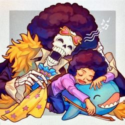 Rule 34 | 2boys, ^ ^, afro, age comparison, aged down, aokamei, ascot, black hair, brook (one piece), child, closed eyes, collared shirt, fur trim, male focus, multiple boys, one piece, purple shirt, shirt, short hair, skeleton, sleeping, smile, stuffed animal, stuffed shark, stuffed toy, sunglasses, time paradox