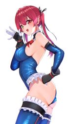 Rule 34 | 1girl, black gloves, blue thighhighs, breasts, cosplay, cowboy shot, dead or alive, dead or alive 5, detached sleeves, fingerless gloves, frilled leotard, frilled one-piece swimsuit, frilled sleeves, frilled thighhighs, frills, gloves, hair ribbon, heterochromia, highres, hololive, houshou marine, large breasts, leotard, long hair, looking at viewer, marie rose, marie rose (cosplay), one-piece swimsuit, red eyes, red hair, red ribbon, ribbon, shooot108, smile, solo, swimsuit, thighhighs, twintails, very long hair, virtual youtuber, yellow eyes