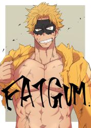 Rule 34 | 1boy, bara, bare pectorals, black mask, blonde hair, boku no hero academia, bruise, collarbone, eye mask, fat gum (boku no hero academia), grin, highres, hood, hood down, hooded jacket, injury, jacket, long sleeves, looking at viewer, male focus, muscular, muscular male, pectorals, sanpaku, short hair, simple background, smile, solo, tearing clothes, torn clothes, yamato (pixiv29997945), yellow jacket
