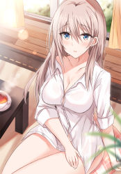 Rule 34 | 1girl, arm support, blue eyes, blurry, blurry foreground, bottomless, breasts, brown hair, cleavage, collared shirt, cup, curtains, depth of field, dress shirt, earrings, from above, hair between eyes, highres, indoors, jewelry, kinona, long hair, looking at viewer, medium breasts, naked shirt, no bra, original, parted lips, saucer, shirt, short sleeves, sitting, solo, steam, stud earrings, table, tea, teacup, white shirt, window, wooden floor