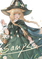 Rule 34 | 1girl, absurdres, animal ears, basket, blonde hair, braid, capelet, cat ears, dress, fang, feet out of frame, final fantasy, final fantasy xiv, flower, flower basket, green capelet, green dress, green eyes, hair flower, hair ornament, hat, hat flower, highres, holding, holding basket, huizhoumao, light smile, long hair, looking to the side, miqo&#039;te, open mouth, sample watermark, scrunchie, solo, twin braids, upper body, warrior of light (ff14), watermark, white flower, witch hat, wrist scrunchie