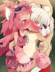 Rule 34 | 2girls, animal ears, blush, body fur, commentary request, dagashi (daga2626), fang, fingering, furry, furry female, furry with furry, goggles, goggles on head, heart, heart-shaped pupils, highres, kiss, long hair, looking at another, made in abyss, mitty (made in abyss), mitty (made in abyss) (furry), multiple girls, nanachi (made in abyss), pink hair, pussy, pussy juice, red eyes, saliva, short hair, symbol-shaped pupils, tail, whiskers, white hair, yellow eyes, yuri