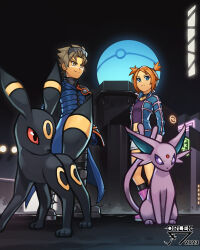 Rule 34 | 1boy, 1girl, absurdres, artist name, black choker, black footwear, black pants, blonde hair, blue coat, blue eyes, blue jacket, boots, choker, closed mouth, coat, commentary, creatures (company), cropped shirt, english commentary, espeon, facial mark, full body, game freak, gen 2 pokemon, highres, jacket, long sleeves, midriff, navel, nintendo, open clothes, open jacket, orange hair, orlek, pants, pink footwear, pokemon, pokemon (creature), pokemon colosseum, purple shirt, rui (pokemon), shirt, short hair, short twintails, skirt, smile, snag machine, twintails, umbreon, wes (pokemon), white skirt, yellow eyes