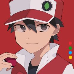 Rule 34 | 1boy, baseball cap, black hair, black shirt, closed mouth, commentary request, creatures (company), game freak, hat, holding, holding poke ball, jacket, looking at viewer, male focus, nintendo, osigatoutoi tou, poke ball, poke ball (basic), pokemon, pokemon rgby, red (pokemon), red background, red hat, shirt, short hair, simple background, smile, solo, upper body