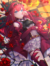 Rule 34 | 1girl, baobhan sith (fate), baobhan sith (first ascension) (fate), bare shoulders, boots, breasts, center frills, checkered floor, detached collar, detached sleeves, dress, earrings, fate/grand order, fate (series), flower, frills, gem, grey eyes, hoshimori mei, jewelry, long hair, looking at viewer, lying, medium breasts, nail polish, on back, pink hair, plant, pointy ears, red dress, red footwear, rose, sidelocks, solo, thigh boots, thighhighs, thighs, thorns, tiara, vines