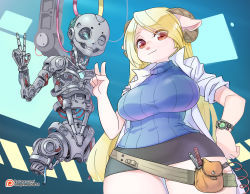 Rule 34 | android, animal ears, animal nose, belt, blonde hair, breasts, cable, colored skin, furry, furry female, highres, horizontal pupils, horns, humanoid robot, large breasts, long hair, miniskirt, original, patreon username, robot, sheep ears, sheep girl, sheep horns, shepherd0821, skirt, sweater, tools, v, watch, watermark, web address, white skin