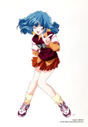 Rule 34 | 1990s (style), 1997, 1girl, ;d, aqua hair, arms behind back, artist name, blue eyes, clothes writing, company name, dated, full body, index finger raised, knees together feet apart, layered sleeves, long sleeves, loose socks, miniskirt, official art, one eye closed, open mouth, orange shirt, pleated skirt, retro artstyle, rolfee, shirt, shoes, short over long sleeves, short sleeves, simple background, skirt, smile, sneakers, socks, solo, tadano kazuko, tonari no princess rolfee, white background, wing collar
