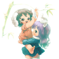 Rule 34 | 2girls, animal ears, backlighting, bamboo, brown eyes, brown hair, carrot, carrot necklace, carrying, child, colored pencil (medium), dress, inaba tewi, jewelry, lifting person, multiple girls, necklace, open mouth, pink dress, purple hair, rabbit ears, reisen udongein inaba, shirt, skirt, smile, souri, tanabata, thighhighs, touhou, traditional media, translation request, white legwear, aged down, zettai ryouiki