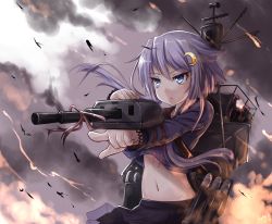Rule 34 | 10s, 1girl, aiming, black skirt, blue eyes, cloud, concentrating, crescent, crescent hair ornament, dated, frown, hair ornament, kantai collection, light purple hair, long hair, long sleeves, looking away, machinery, midriff, miyabi urumi, navel, night, outdoors, outstretched arm, pointing, red ribbon, ribbon, short hair with long locks, sidelocks, skirt, sky, smoke, solo, stomach, turret, yayoi (kancolle)