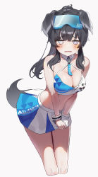 Rule 34 | 1girl, absurdres, animal ears, bare shoulders, blue archive, blush, breasts, bright pupils, cheerleader, cleavage, collarbone, cropped legs, dog ears, dog girl, dog tail, eyewear on head, frown, grey eyes, halterneck, hibiki (blue archive), hibiki (cheer squad) (blue archive), highres, jitome, large breasts, leaning forward, looking at viewer, lovelyme, midriff, millennium cheerleader outfit (blue archive), open mouth, pleated skirt, ponytail, simple background, skirt, skirt tug, solo, star (symbol), sticker on face, tail, v arms, wavy mouth, white pupils