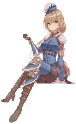 Rule 34 | 1girl, armor, blue hat, blue legwear, blue shirt, bodysuit, boots, breasts, brown bodysuit, brown eyes, brown footwear, brown gloves, brown hair, crossed legs, elbow pads, full body, gloves, hat, highres, invisible chair, knee pads, looking at viewer, medium breasts, monster hunter, monster hunter: world, monster hunter (series), shield, shirt, simple background, sitting, solo, tobi-kadachi (armor), white background, xuan (pixiv31113827)