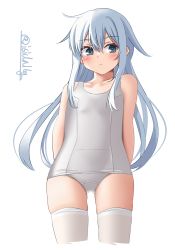 Rule 34 | 1girl, arms behind back, blue eyes, collarbone, cowboy shot, flat chest, gluteal fold, hair between eyes, hibiki (kancolle), highres, ishida arata, kantai collection, long hair, old school swimsuit, one-piece swimsuit, school swimsuit, school swimsuit flap, simple background, solo, swimsuit, thighhighs, twitter username, white background, white hair, white one-piece swimsuit, white thighhighs
