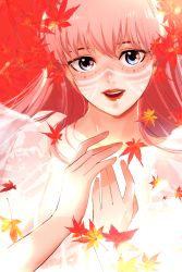 Rule 34 | 1girl, autumn leaves, belle (ryuu to sobakasu no hime), blue eyes, eyebrows hidden by hair, facial mark, highres, long hair, nude, open mouth, pink hair, ryuu to sobakasu no hime, smile, solo, tanaka yutaka, upper body