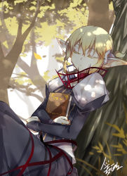 Rule 34 | 1girl, black dress, blonde hair, bloodline, book, hugging book, bridal gauntlets, choker, closed mouth, dappled sunlight, day, dress, elf, holding, holding book, in tree, iotower, juliet sleeves, long sleeves, hugging object, pointy ears, puffy sleeves, ruthtria (bloodline), sleeping, solo, sunlight, tree