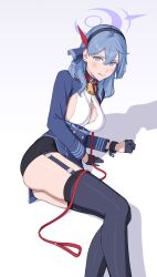 Rule 34 | 1girl, ako (blue archive), ass, bell, black gloves, black skirt, black thighhighs, blue archive, blue hair, blush, breasts, collar, ear piercing, garter straps, gloves, hair between eyes, hair ribbon, hairband, halo, highres, large breasts, leash, long sleeves, looking at viewer, medium breasts, neck bell, piercing, purple eyes, ribbon, shadow, simple background, skirt, solo, thighhighs, yoroshinbo