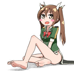 Rule 34 | 10s, 1girl, bad id, bad pixiv id, barefoot, between legs, blush, blush stickers, brown eyes, brown hair, collar, eyebrows, feet, feet up, foot focus, hair between eyes, hand between legs, kantai collection, long hair, looking at viewer, lying, military, military uniform, moe (phrase), on stomach, open mouth, own hands clasped, own hands together, personification, salpin, short sleeves, sitting, soles, toes, tone (kancolle), twintails, uniform