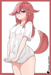 Rule 34 | 1girl, absurdres, animal ears, blush, breasts, bulge, closed mouth, covered erect nipples, cum, cum on clothes, cum on shirt, embarrassed, erection, erection under clothes, fox ears, fox tail, futanari, genshin impact, hiding erection, highres, hornyfex, looking at viewer, medium breasts, nipples through clothes, patreon username, penis, pink hair, purple eyes, shirt, solo, tail, thighs, white background, white shirt, yae miko