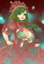 Rule 34 | 1girl, bow, breasts, cleavage, dress, female focus, front ponytail, green background, green eyes, green hair, hair bow, highres, kagiyama hina, large breasts, matching hair/eyes, navel, open clothes, open dress, open mouth, puffy short sleeves, puffy sleeves, red dress, ribbon, short sleeves, solo, touhou, tsuutenkaaku, underboob, wrist ribbon