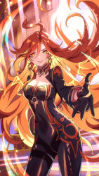 1girl absurdres biker_clothes bikesuit black_bikesuit bodysuit breasts cleavage commentary earrings floating_hair genshin_impact highres jewelry junebuart long_hair looking_at_viewer mavuika_(genshin_impact) multicolored_hair offering_hand orange_eyes orange_hair outstretched_arm reaching reaching_towards_viewer red_hair smile solo two-tone_hair very_long_hair