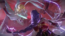 Rule 34 | 2girls, arm cutout, blonde hair, boots, braid, center-flap bangs, chinese commentary, commentary request, detached sleeves, dress, duel, dust cloud, electricity, faceoff, flower, from below, gauntlets, genshin impact, glowing, glowing sword, glowing weapon, hair flower, hair ornament, hair ribbon, highres, holding, holding sword, holding weapon, japanese clothes, kimono, long hair, lumine (genshin impact), midair, multiple girls, obi, purple hair, purple kimono, qnzy, raiden shogun, red sky, ribbon, sash, scarf, single braid, sky, sword, thigh boots, torii, very long hair, vision (genshin impact), weapon, white dress, white footwear, white scarf, wide sleeves