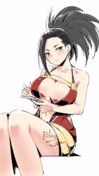 Rule 34 | 1girl, artist name, bare shoulders, black hair, bodysuit, boku no hero academia, breasts, cellphone, collarbone, frown, grey eyes, highres, holding, holding phone, large breasts, looking at viewer, navel, open bodysuit, open clothes, phone, ponytail, relaxjon, signature, simple background, sitting, smartphone, solo, white background, yaoyorozu momo
