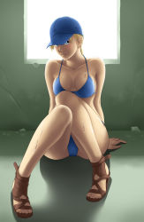 Rule 34 | 1girl, ass, bare shoulders, bikini, blonde hair, blue bikini, blue eyes, breasts, cleavage, collarbone, feet, female focus, hat, highres, jill valentine, large breasts, legs, long hair, looking at viewer, ponytail, resident evil, resident evil 5, sandals, sitting, smile, solo, sweat, swimsuit, thighs, thor (deep rising), toes, window