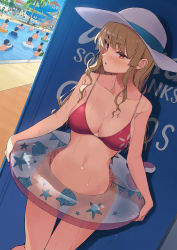 Rule 34 | 1girl, bikini, bikini top only, blonde hair, blue background, blue sky, blush, bottomless, breasts, cleavage, collarbone, commentary request, convenient censoring, dutch angle, embarrassed, english text, groin, hat, hiding, highres, holding, holding swim ring, innertube, ishizaka ryuudai, large breasts, light purple hair, navel, no panties, open mouth, original, outdoors, pool, print bikini, red bikini, red eyes, seashell, sexually suggestive, shell, sideways glance, sky, solo focus, starfish, swim ring, swimsuit, thigh gap, transparent, water, water slide, waterpark, wavy hair, wet, yonic symbol