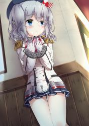 Rule 34 | 10s, 1girl, absurdres, amane tari, beret, blue eyes, blush, box, candy, chocolate, chocolate heart, epaulettes, food, frilled sleeves, frills, gloves, grey skirt, hat, heart, heart-shaped box, highres, kantai collection, kashima (kancolle), military, military uniform, pleated skirt, sidelocks, silver hair, skirt, solo, twintails, uniform, valentine, wavy hair, white gloves