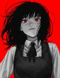 Rule 34 | 1girl, black hair, black ribbon, chainsaw man, collared shirt, cross scar, dress, greyscale with colored background, highres, long hair, looking at viewer, messy hair, monochrome, pinafore dress, raberu ruru, red background, red eyes, red theme, ribbon, ringed eyes, scar, scar on face, shirt, simple background, sleeveless dress, solo, spot color, white shirt, yoru (chainsaw man)
