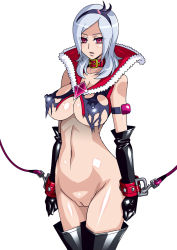 Rule 34 | 00s, 1girl, albino, bdsm, black gloves, black thighhighs, bondage, bottomless, bound, breasts, cleft of venus, covered erect nipples, cowboy shot, eas (fresh precure!), elbow gloves, fresh precure!, gloves, hairband, higashi setsuna, highres, large breasts, looking at viewer, navel, no panties, popped collar, precure, pussy, raisuta, red eyes, shiny skin, short hair, silver hair, solo, standing, thighhighs, torn clothes, uncensored, white background
