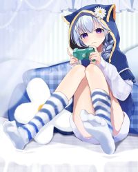 Rule 34 | 1girl, :3, animal hood, bed, blue hair, blush, braid, capelet, cat hood, controller, curtains, feet, flower, game controller, gem, holding, holding controller, holding game controller, hood, hood up, hooded capelet, indie virtual youtuber, knees up, koe 01 03, kumano phay, long sleeves, nail polish, no shoes, on bed, pearl (gemstone), pillow, purple eyes, shorts, sitting, smile, socks, solo, striped clothes, striped socks, striped wall, toes, virtual youtuber
