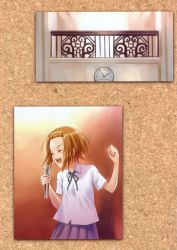 Rule 34 | 1girl, absurdres, blue skirt, blush, brown hair, clock, closed eyes, goto p, hairband, highres, holding, holding microphone, huge filesize, k-on!, looking away, microphone, music, open mouth, school uniform, short hair, singing, skirt, smile, solo, tainaka ritsu, teeth
