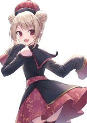 Rule 34 | 1girl, :d, bare shoulders, black dress, black thighhighs, chinese clothes, clothing cutout, commentary request, double bun, dress, fang, floral print, gohei (aoi yuugure), hair bun, hat, highres, light brown hair, long sleeves, looking at viewer, looking back, natori sana, open mouth, pleated skirt, print skirt, qingdai guanmao, red eyes, red hat, red skirt, sana channel, shoulder cutout, simple background, skirt, sleeves past fingers, sleeves past wrists, smile, solo, thighhighs, virtual youtuber, white background