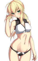 Rule 34 | 1girl, ahoge, arm at side, artoria pendragon (all), artoria pendragon (fate), artoria pendragon (swimsuit archer) (fate), artoria pendragon (swimsuit archer) (second ascension) (fate), bare arms, bare legs, bare shoulders, bikini, black bikini, blonde hair, breasts, cleavage, closed mouth, collarbone, cowboy shot, fate/grand order, fate/stay night, fate (series), gluteal fold, green eyes, groin, hair between eyes, hand up, head tilt, long hair, looking at viewer, low ponytail, medium breasts, mismatched bikini, navel, ruffling hair, saber (fate), shiseki hirame, sidelocks, simple background, smile, solo, sports bikini, standing, stomach, swimsuit, thigh gap, white background, white bikini