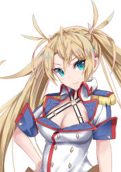 Rule 34 | 1girl, absurdres, ahoge, blonde hair, blue eyes, bradamante (fate), bradamante (second ascension) (fate), braid, breasts, cleavage, closed mouth, collared shirt, commentary request, epaulettes, fate/grand order, fate (series), hair ornament, hand on own hip, head tilt, highres, long hair, medium breasts, military, military uniform, niie, shirt, short sleeves, sidelocks, simple background, smile, solo, twintails, uniform, upper body, v-shaped eyebrows, white background, white shirt