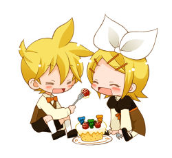 Rule 34 | 1boy, 1girl, blush, brother and sister, cake, feeding, food, fork, happy, hiyo (hiyococco), kagamine len, kagamine rin, lowres, siblings, twins, vocaloid